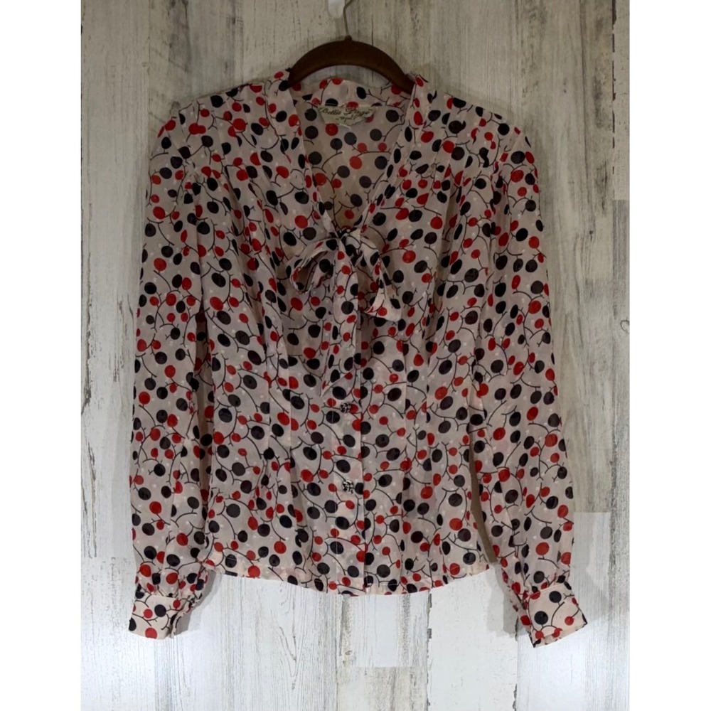 Bettie Page Tatyana Blouse XXS Cream Red Black Dot Secretary Bow Tie Neck Sheer